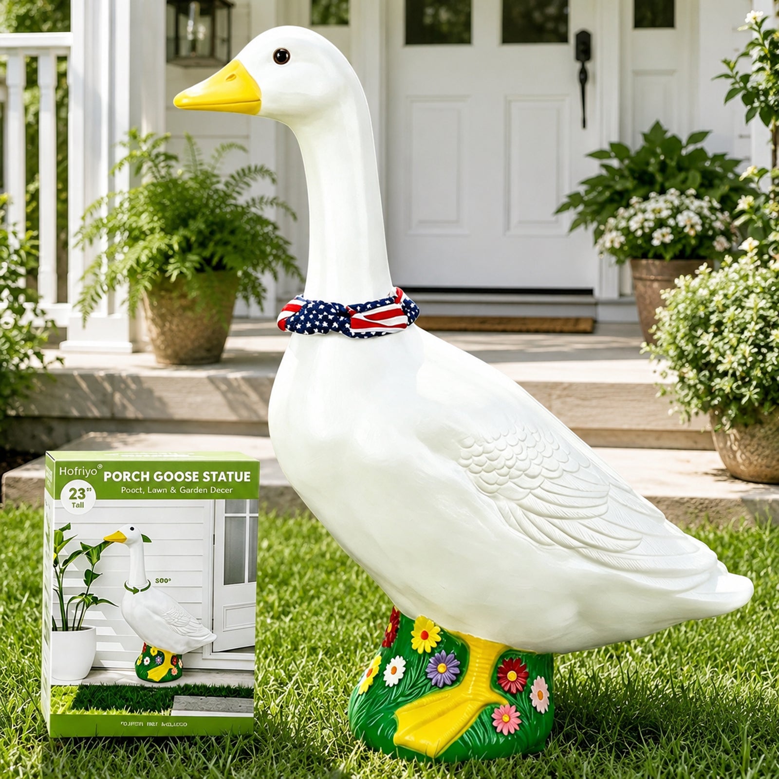 Hofriyo 23" Large White Porch Goose, Plastic Garden Decor, Porch Goose Garden Statue With Flower Decorations and Cute Gift Box - Indoor or Outdoor Decorative Figurine for Garden, Patio, or Porches