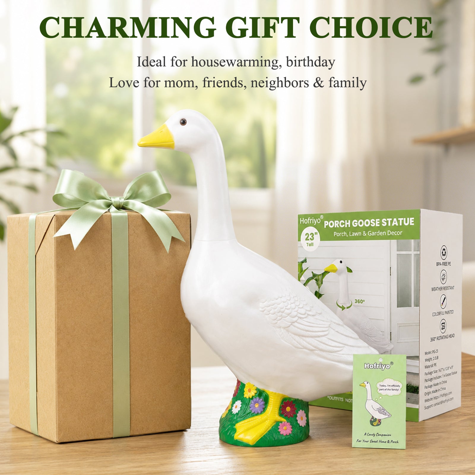 Hofriyo 23" Large White Porch Goose, Plastic Garden Decor, Porch Goose Garden Statue With Flower Decorations and Cute Gift Box - Indoor or Outdoor Decorative Figurine for Garden, Patio, or Porches